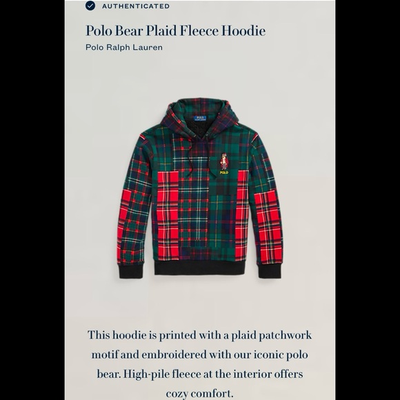Polo by Ralph Lauren Multicolor Patchwork Hi-Pile Fleece Hoodie Holiday Bear MD - Picture 6 of 16